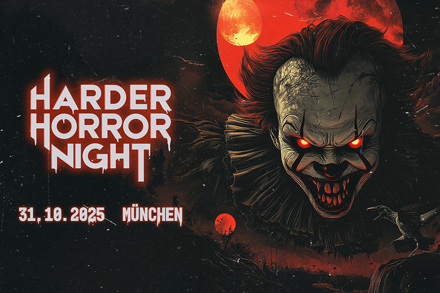 Gruseliger Clown auf düsterem Poster, Harder Horror Night, München.