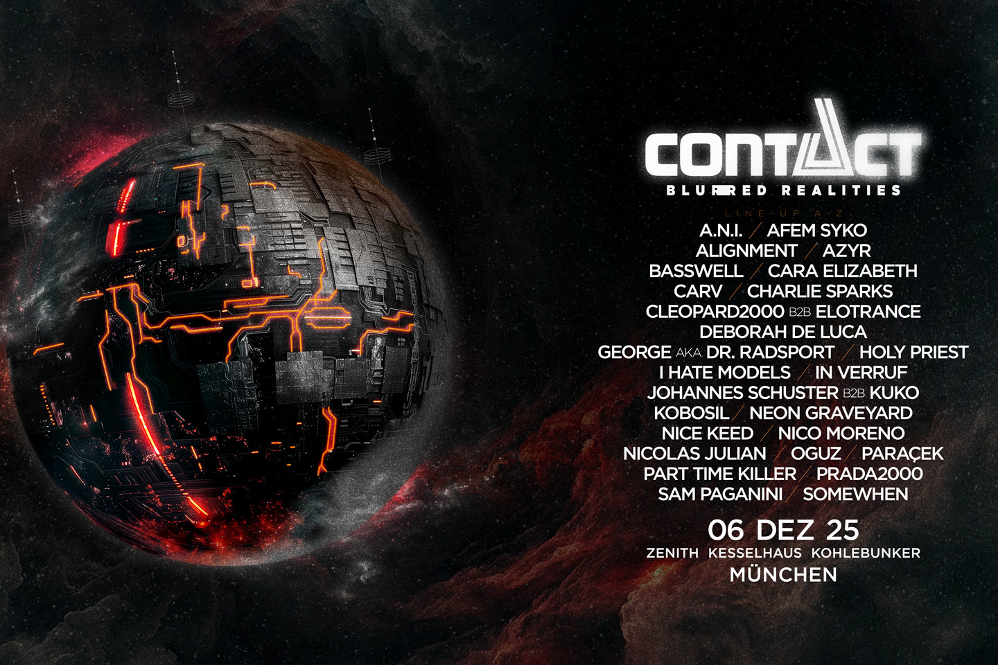 Weltraumposter: glühender Planet links, Contact-Logo rechts, Termine.