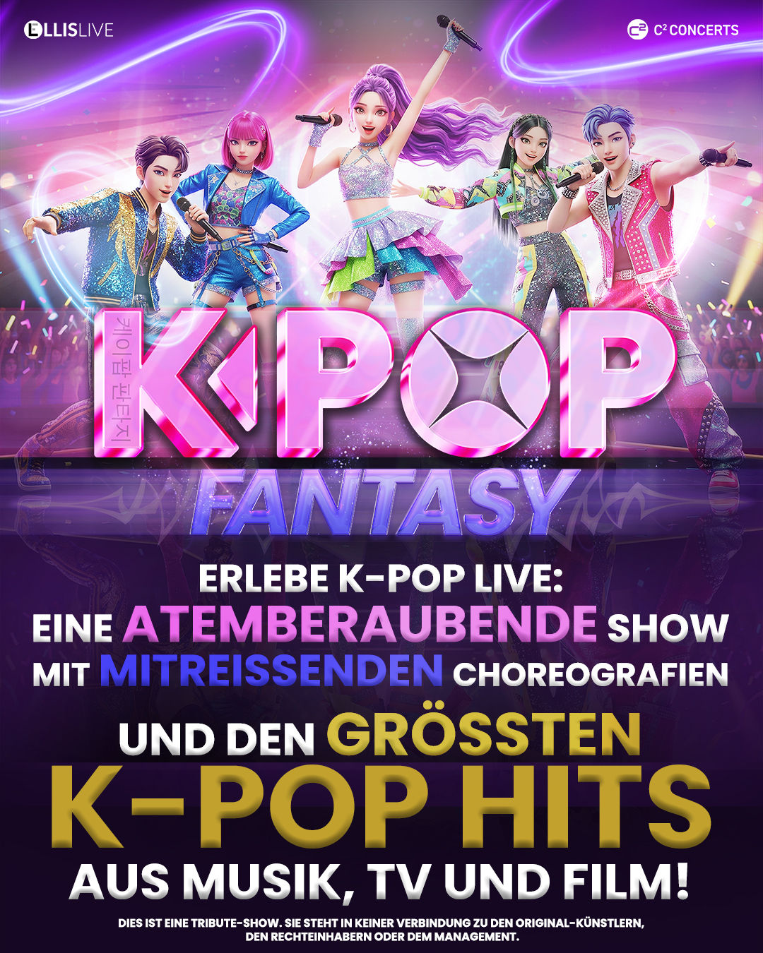 Five colorful K-Pop dancers pose on a stage in front of neon lights; large pink KPOP logo and banner text.