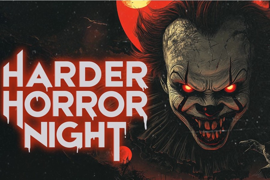 Düsteres Horror-Plakat mit gruseligem Clown und dem Text „HARDER HORROR NIGHT“