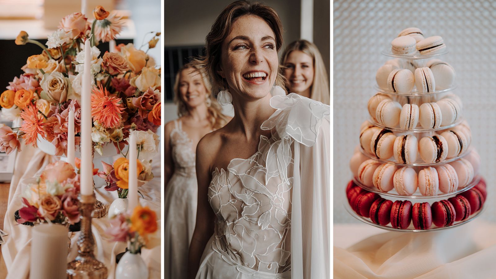 Three-part wedding motif with a floral arrangement, a smiling bride, and stacked macarons